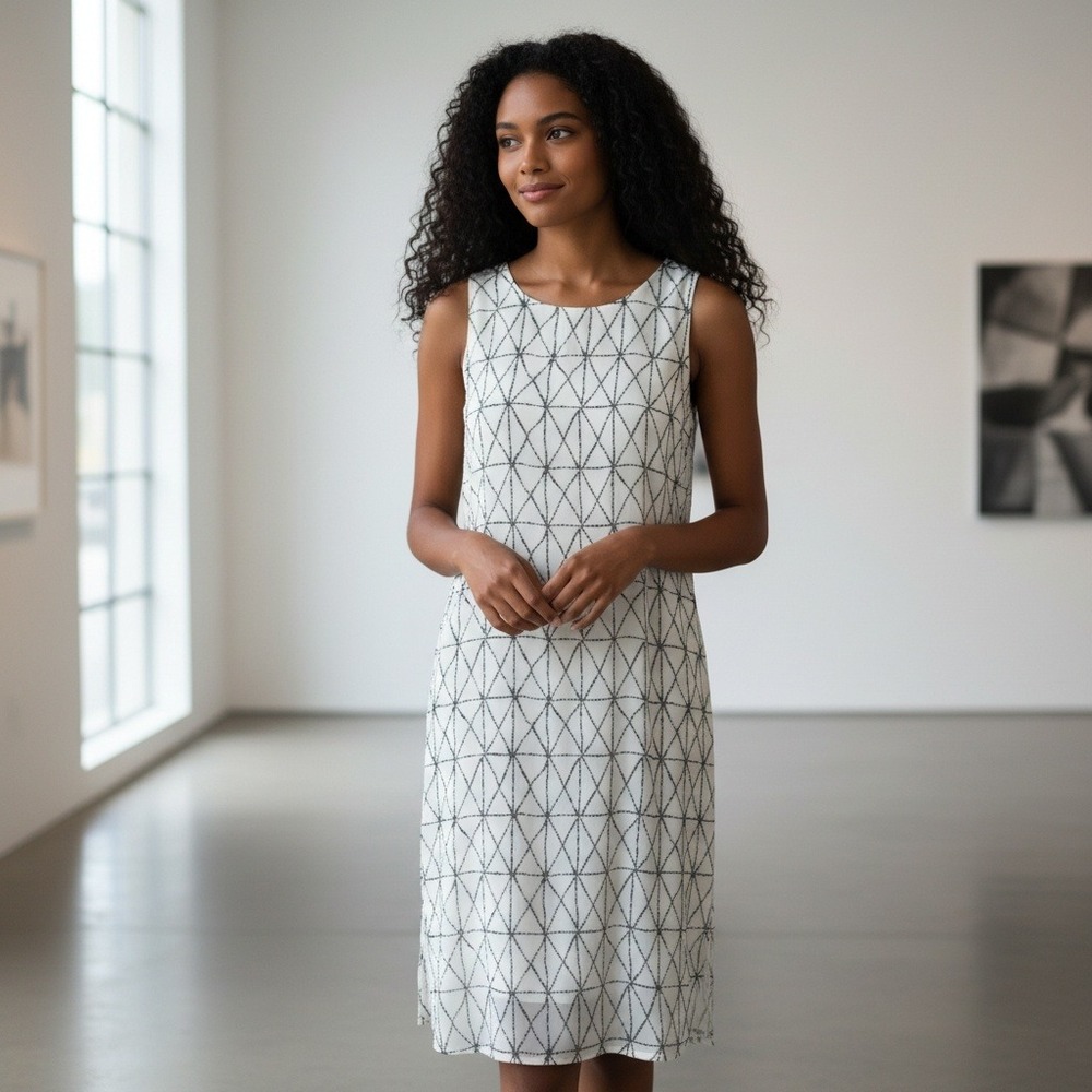 A.L.C. Black White Abstract‎ Geometric Silk Midi Dress Sleeveless Womens 6